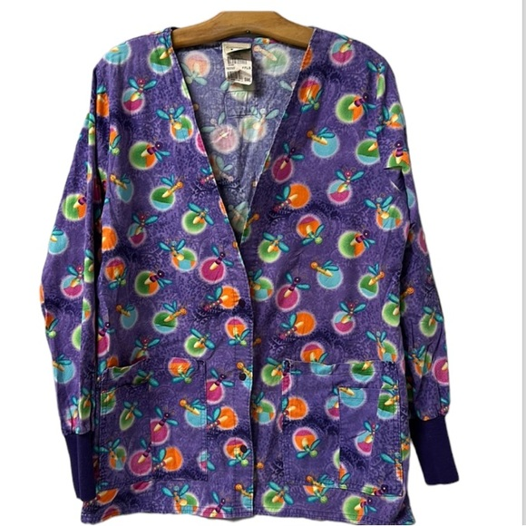 Women's Cottonality Purple Dragon Fly Print Scrub jacket snap closure‎ sz small - Picture 1 of 10